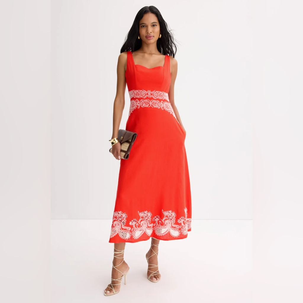 Ted Baker Red And White Embroidered Midi Dress